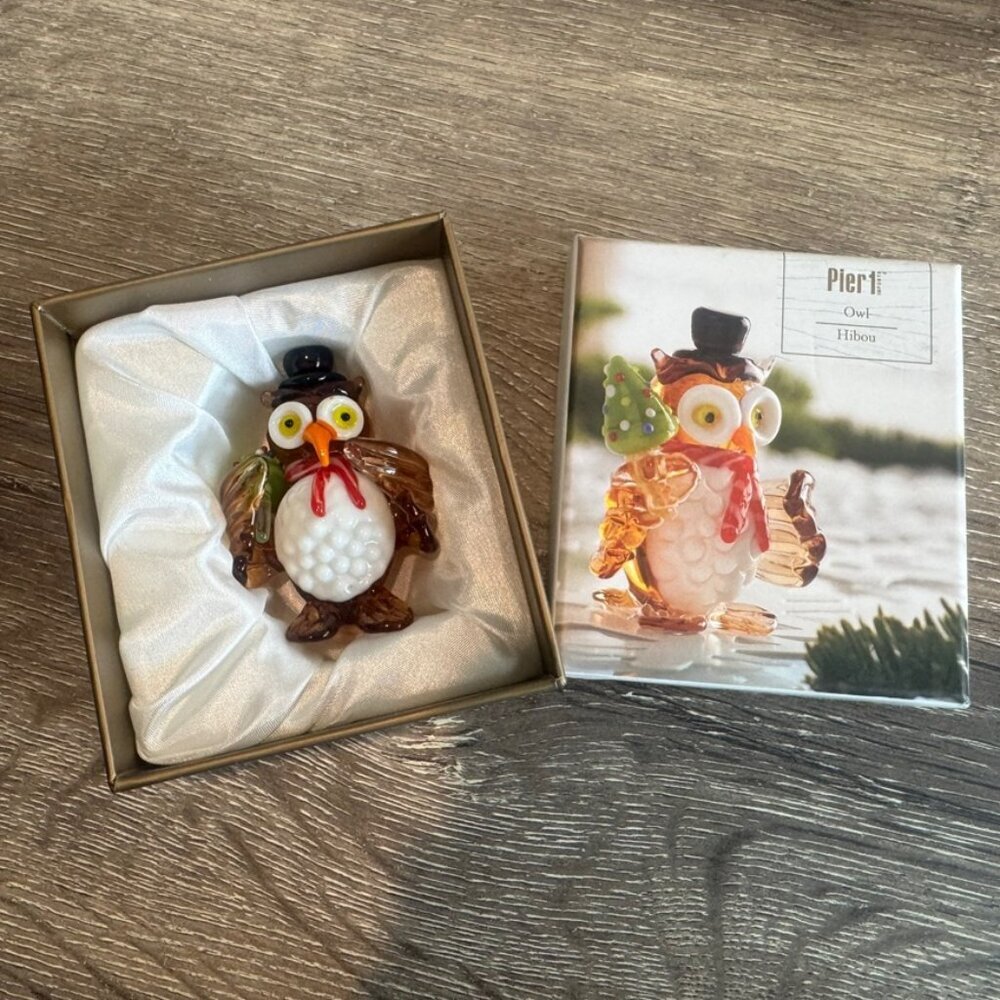Pier 1 Hand Blown Glass Christmas Owl Figurine